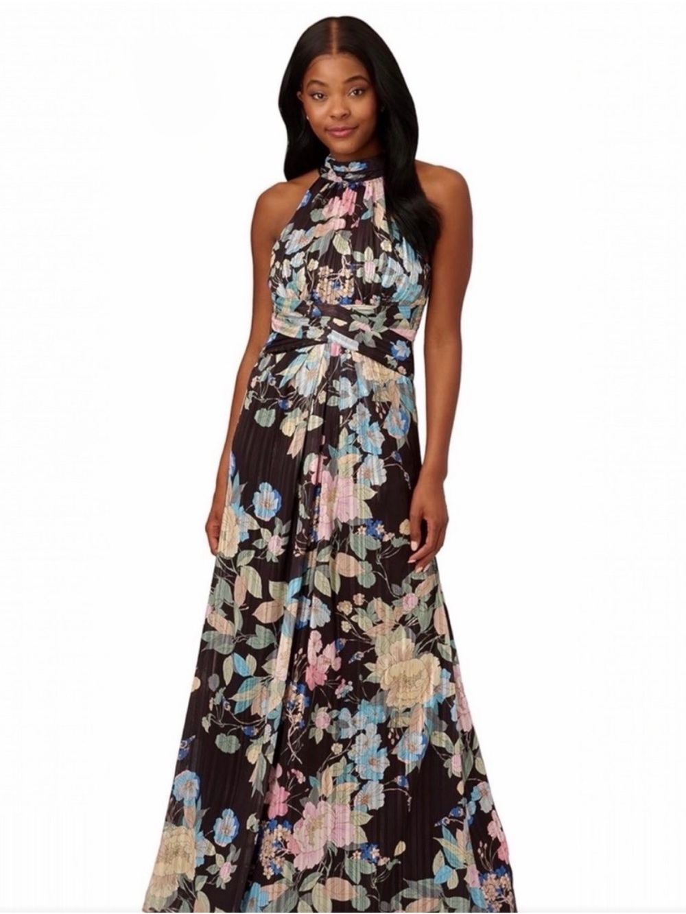Adrianna Papell Black Halter Maxi Dress with Pastel Floral Print